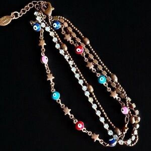 𝅺ADULT Jewels 3 Strand Bracelet With Evil Eyes, Stars & Rhinestones in Copper